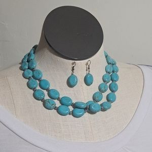 Hand Crafted Turquoise Colored Howlite Statement Necklace and Earring Set